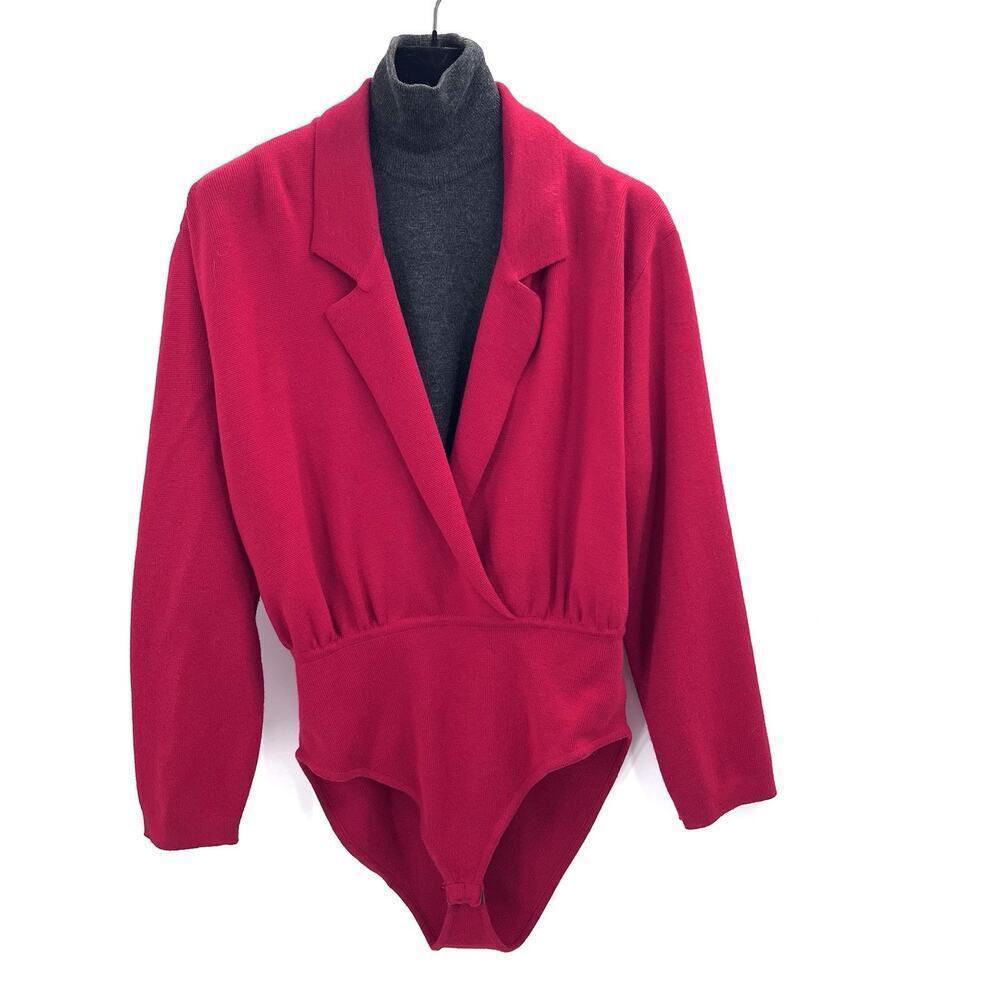 Vintage Donna Karan Red Wool Long Sleeve Bodysuit Size P & Turtleneck Insert